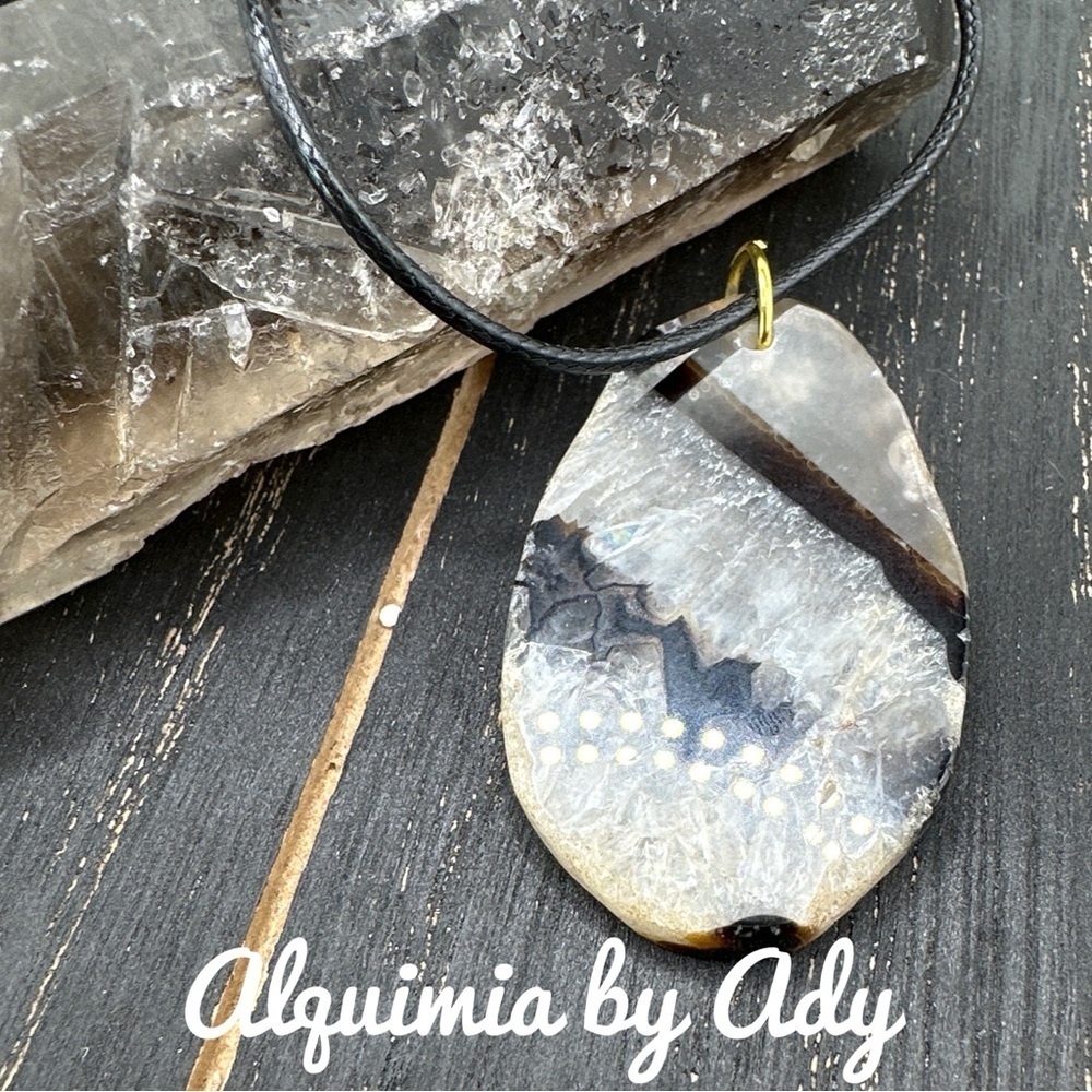 SMOKEY QUARTZ BIG MEDALLION PENDANT BLACK CORD NECKLACE